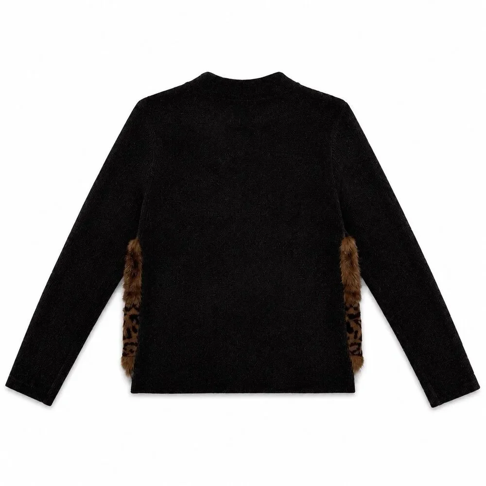 Lisa International Women Y2K Fur Leather Animal Print Cardigan Jacket L